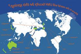 A map of the world showing locations where UNH faculty will be teaching or taking part in projects this spring.