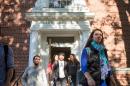 Students exiting Murkland Hall at the University of New Hampshire